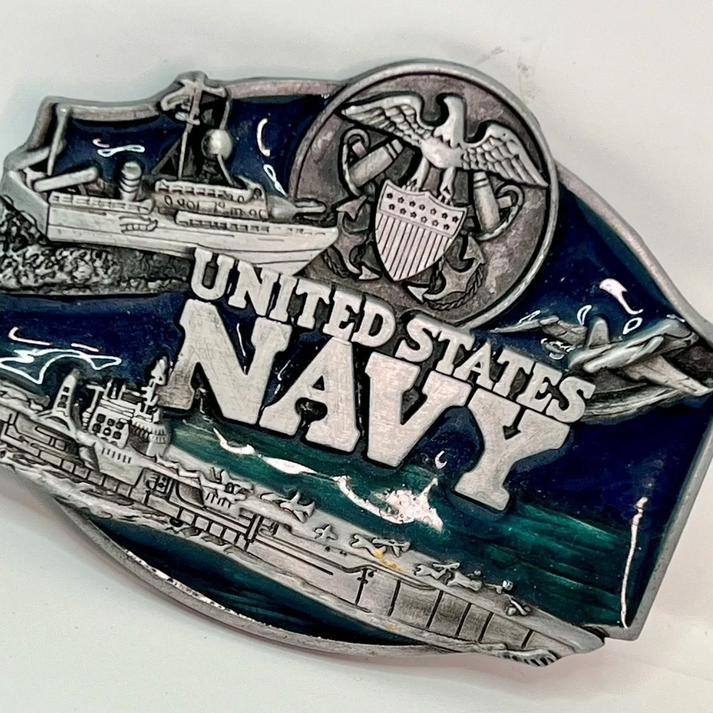 Vintage United States Navy Armed Forces Belt Buckle Metal Alloy Pewter Enamel